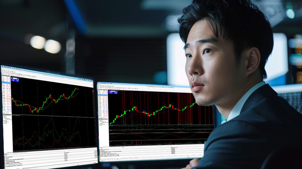 Trader in a suit reviewing two correlated market charts on trading platform screens